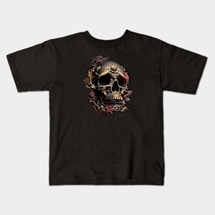Black scull with flowers and golden pattern Kids T-Shirt